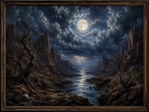A brilliant full moon illuminates a vast desert canyon filled with jagged cliffs, twisted trees, and a shining river. Lightning flickers beyond the distant plateaus while an animal skull rests among the foreground rocks. The immense landscape suggests isolation, hidden danger, and the unforgiving aftermath of reckless violence.