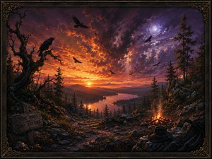 A fiery sunset burns across a forested lake valley as ravens circle through orange and purple clouds. A lonely campfire, abandoned hat, weathered warning sign, and scattered bones suggest someone has vanished from the trail. The beautiful wilderness contrasts sharply with the scenes message of irreversible choices and regret.