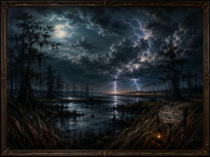 Moonlight and violent lightning illuminate a dark Southern marsh filled with cypress trees, hanging moss, reeds, and reflective black water. A lantern glows beneath a threatening warning sign while distant industrial lights burn across the horizon. The swamp feels watchful and dangerous, concealing human menace beneath its natural beauty.