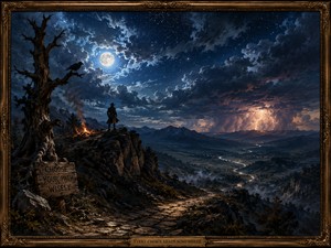 A lone wanderer stands beside a small fire on a high mountain ridge, watching lightning erupt over the distant valley. A winding trail descends through mist toward scattered lights, while a raven guards a warning sign below. Moonlight, stars, and approaching storms symbolize judgment, uncertainty, and the consequences of every decision.