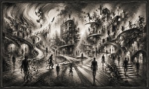 A surreal city intersection unfolds into twisting staircases, floating bridges, fractured towers, and shadowy pedestrians. Smoky charcoal gradients create motion through the architecture, while a calm face emerges from the city itself. The scene suggests passing encounters, confusion, urgency, and countless possible directions inside an urban dream.