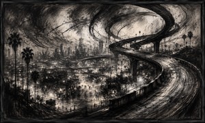 Enormous elevated highways curl through a hazy nighttime metropolis like ribbons caught in a storm. Palm trees and distant buildings rise from the glowing streets below, where tiny figures emphasize the immense scale. Dense charcoal strokes and sweeping circular forms capture relentless motion, congestion, chaos, and powerful urban momentum.