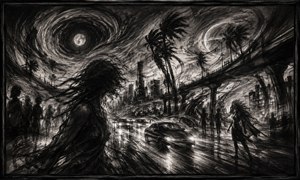 A windblown woman stands beside a rain-slicked boulevard as cars rush through streaks of reflected light. Palm trees bend beneath swirling moons and turbulent charcoal skies, while ghostlike pedestrians appear along the roadside. The scene expresses speed, emotional interruption, restless attraction, and the unpredictable rhythm of city life.