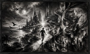 A bright winding path carries a solitary traveler toward a towering coastal city beneath a glowing moon. Birds scatter across the turbulent sky while ocean waves crash against dark rocks. A large contemplative face merges with the architecture, suggesting memory, desire, urgency, and the search for human connection.