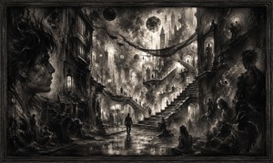 A lone figure walks into a mysterious city built from endless stairways, bridges, arches, suspended banners, and floating moons. Shadowed faces and seated figures watch from the edges as smoky gradients fill the narrow streets. The scene portrays urban isolation, fleeting relationships, hidden destinations, and dreamlike uncertainty.