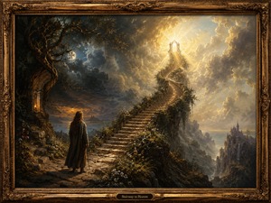 A lone traveler stands at the foot of an ancient stone stairway that winds upward through clouds toward a radiant celestial gateway. The left side of the scene is shadowed by a twisted tree, moonlit ruins, and dark storm clouds, while the right side opens into brilliant golden light. Wildflowers, vines, waterfalls, distant cliffs, and a castle rising above the mist create a peaceful yet mysterious journey from darkness toward transcendence. A carved gold frame enhances the timeless fantasy atmosphere.