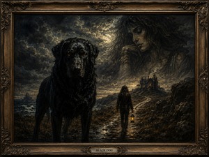 A massive black dog with glowing amber eyes stands in the foreground of a dark coastal moor. Behind it, a solitary traveler carries a lantern along a wet rocky path toward a distant house with warm windows. A stormy sea crashes beneath a cloud-covered moon, while the ghostly face of a sorrowful woman emerges from the turbulent sky. The dramatic lighting, rugged landscape, and brooding black-and-gold frame create an atmosphere of obsession, danger, and supernatural mystery.
