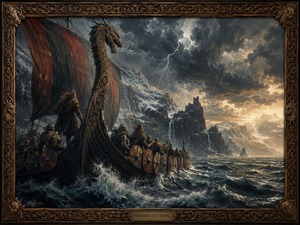 A Viking longship charges through violent northern seas beneath a sky filled with lightning. Warriors dressed in heavy furs and armor brace themselves aboard the ship as round shields line the dark wooden hull. A carved dragon figurehead rises above the crashing waves, leading the crew toward an icy coastline of towering cliffs, waterfalls, and a distant fortress. The cold ocean, thunderous clouds, and fiery break of sunlight create a scene of fearless exploration and mythic conquest.