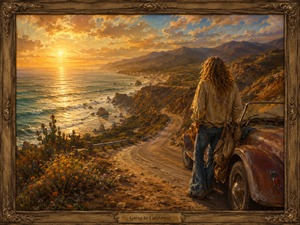 A long-haired traveler stands beside a weathered vintage roadster overlooking a sunlit California coastline. The winding highway curves along rugged cliffs toward distant mountains as the setting sun reflects across the ocean. Wildflowers and coastal plants fill the foreground, while travel bags and loose clothing suggest a long journey. Warm gold, orange, and blue tones create a peaceful scene of freedom, hope, renewal, and wistful escape.