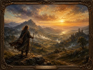 A solitary traveler stands high above a vast mountain valley, holding a wooden staff while his cloak moves in the wind. A river winds through the distant landscape toward a brilliant sunset, passing ancient ruins, waterfalls, rocky ridges, and mist-covered hills. The immense scale of the scenery gives the painting a feeling of distance, memory, discovery, and endless possibility. An elaborate bronze-gold frame adds a romantic storybook quality.