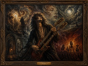 A long-haired guitarist dominates a surreal dreamscape while playing a double-neck guitar beneath swirling clouds and distorted light. Around him, a ghostly womans face appears in the sky, a mysterious figure climbs a staircase toward a glowing portal, and shadowed ruins lead into underground passages. On the right, a rock band performs before a fiery crowd. The layered imagery, smoke, moonlight, flames, and fractured environments reflect confusion, obsession, and psychological intensity.