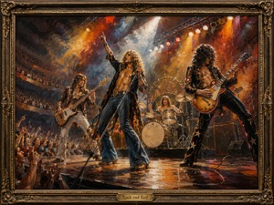 A high-energy 1970s-style rock concert explodes across a brightly lit arena stage. The lead singer stands at the center with one arm raised, while the guitarist, bassist, and drummer perform beneath blazing orange, red, white, and blue spotlights. The polished stage reflects the lights and movement as a packed crowd reaches upward from the foreground and balconies. Expressive brushwork, smoke, motion, and an ornate gold frame capture the joyful power and excitement of classic rock.
