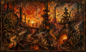 A fiery industrial kingdom erupts beneath the sunset as mechanical musicians perform among furnaces, gears, bridges, and towering smokestacks. Dancing figures, glowing machinery, drifting musical notes, and molten pathways transform the factory into a wild rhythmic celebration, capturing the playful boogie energy and rugged fantasy spirit of Boogie with Stu.