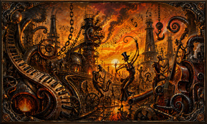 Twisting piano keys, brass instruments, chains, pipes, and towering refinery structures form a surreal mechanical orchestra beneath a blazing orange sky. Elegant machine performers dance through the crowded factory while music curls through the smoke, creating a spirited industrial fantasy filled with movement, invention, and warm sunset energy.