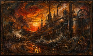 A sprawling refinery glows beneath a turbulent red and gold sunset, surrounded by railway tracks, steam engines, massive wheels, smokestacks, and endless mechanical structures. Musical curves appear within the smoke and machinery, giving the dark industrial landscape an unexpected rhythm, as though the entire factory is quietly moving to the song.