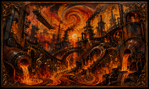 Molten rivers pour from enormous iron furnaces while musical notes sweep across bridges, factories, pipes, and towers. A swirling sunset vortex illuminates the industrial city with fiery orange light, turning the machinery into a vast abstract composition where heat, movement, music, and fantasy merge into one powerful boogie-driven landscape.