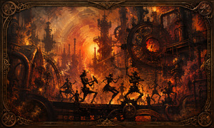 Mechanical dancers and musicians perform across a shadowed factory platform as the setting sun burns through towers, gears, pipes, and smoky scaffolding. Giant machinery surrounds the lively figures like a theatrical stage, creating a dark industrial celebration filled with rhythmic motion, glowing furnaces, dramatic silhouettes, and playful fantasy energy.
