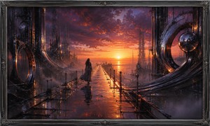 A solitary woman crosses a rain-slick chrome walkway toward a blazing sunset, surrounded by towering industrial spires and sweeping metallic rings. Reflections ripple across the dark surface while mist gathers below, creating a powerful vision of longing, distance, and the endless emotional pull of constant desire.