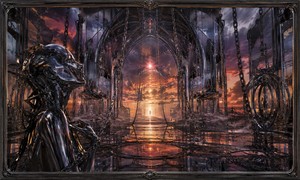 Inside a vast chrome cathedral, suspended chains, mirrored arches, and mechanical circles frame a radiant opening in the distance. A sculpted metallic figure gazes toward a tiny silhouette beyond, capturing the ache of separation. Sunset light reflects through the chamber like a promise that remains forever just out of reach.