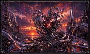 A glowing chrome heart rises from broken gears, machinery, and flowing ribbons of liquid metal beneath a fiery violet sunset. Its intricate blades curl inward around a warm inner light, symbolizing desire that survives damage and time. The industrial ruins become a dramatic monument to persistent, unfulfilled emotional craving.