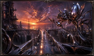 A lone traveler walks across a reflective bridge spanning a dark industrial abyss, guided by the setting sun. Giant chrome blossoms bloom beside the path, their sharp mechanical petals catching orange and purple light. Beauty, loneliness, and hope merge into a surreal journey toward something deeply wanted but still distant.