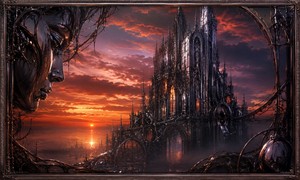 A towering chrome citadel stands against a burning sunset while a massive reflective face watches from the shadows. Mechanical vines, gothic arches, and mirrored spheres surround the fortress, creating a dreamlike world shaped by memory and desire. The distant horizon glows with the quiet promise of emotional fulfillment.