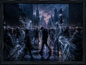 A bowed traveler moves through a rain-soaked crosswalk while blurred commuters rush around him. Pale spirits formed from flowing light and drifting essence hover among the crowd. Cold blue skyscrapers, violet twilight, and mirrored pavement create a sorrowful meditation on loneliness, mortality, memory, and the quiet passage between worlds.