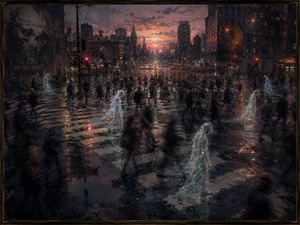A vast city intersection stretches beneath a fading orange twilight. Hundreds of shadowed pedestrians cross through wet reflections, their hurried movement blurred into dark streaks. Several luminous wanderers drift slowly against the human current, their transparent bodies scattering into particles, suggesting forgotten lives continuing silently within the restless rhythm of the city.