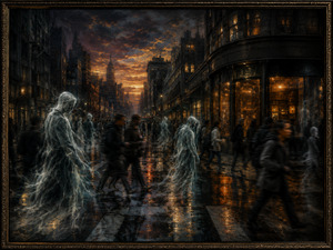 Warm amber windows illuminate a dark avenue crowded with rushing commuters and translucent spirits. Ghosted figures trail silver vapor across the reflective crosswalk, moving with solemn purpose while the living hurry past. The storm-lit skyline and glowing pavement balance warmth and grief, portraying life and death sharing the same uncertain journey.