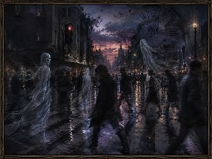 Beneath a fractured celestial clock, ghostly figures wander through a crowded twilight crossing. Their flowing forms dissolve into smoke, fragments, and pale light while dark pedestrians blur past beneath a glowing red signal. Reflections of purple clouds and distant lamps transform the city into a timeless threshold between memory, movement, loss, and eternity.