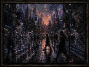A gothic metropolis rises around a reflective crosswalk beneath a burning violet-orange sky. Shadowed pedestrians travel through the rain while skeletal spirits emerge from swirling fragments along the street. The spectral forms appear trapped between destruction and renewal, creating an abstract vision of human existence gradually dissolving into silence, memory, and atmosphere.