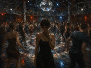 At the center of a crowded nightclub, a solitary woman remains motionless while dancers orbit beneath a mirrored disco ball. Red, blue, and silver reflections sweep across the floor in restless circles. Her quiet expression contrasts with the surrounding energy, revealing loneliness, hesitation, and emotional distance hidden inside music, movement, and celebration.