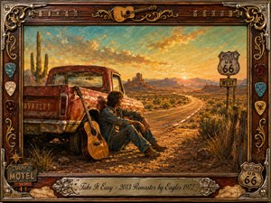 A lone traveler rests beside a weathered red pickup and acoustic guitar along a desert highway at sunset. Warm gold, rust, turquoise, and amber tones create an easygoing, nostalgic mood. Thick painterly textures, distant mesas, cacti, Route 66 signs, and an ornate musical frame evoke freedom, reflection, and open-road serenity.