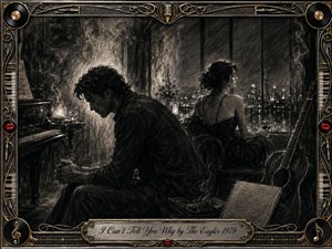 A deeply textured charcoal scene captures a man and woman sitting apart in a dim late-night room, surrounded by a piano, guitar, smoke, and distant city lights. Moody blacks, silvery grays, and subtle gold accents heighten the melancholy atmosphere, while an ornate music-themed frame and engraved title plate complete the intimate composition.