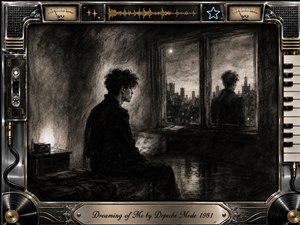 A solitary young man sits beside a window overlooking a hazy nighttime city, his shadowy reflection deepening the dreamlike mood. Rich feathered charcoal textures, smoky blacks, soft grays, and glowing highlights create a quiet, introspective atmosphere. An ornate chrome-and-gold music-themed frame surrounds the scene, with VU meters, keyboard keys, vinyl details, and an engraved title plate.