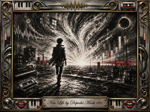 A lone figure crosses a shadowed industrial rooftop toward a brilliant horizon, suggesting renewal and possibility. Deep feathered charcoal textures, smoky black-and-white contrasts, subtle red accents, and glowing electronic motifs create a dramatic 1980s synth-pop mood. An ornate chrome-and-gold musical frame surrounds the scene, finished with an engraved title plate.