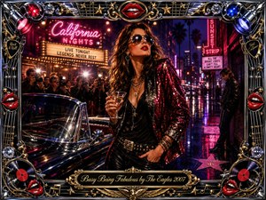 A glamorous woman in red sequins and sunglasses commands a neon-lit California nightlife scene, surrounded by paparazzi, a polished convertible, glowing marquees, and wet streets. Rich reds, magentas, golds, and chrome create cinematic brilliance, while a solitary man adds bittersweet contrast. An ornate rock-themed frame and engraved title plate complete the digital painting.