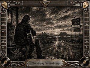 A solitary guitarist sits beside a weathered desert roadside, gazing down a long highway toward distant lights beneath a turbulent twilight sky. Deep charcoal textures, smoky shadows, and pale highlights create a reflective, nostalgic mood. An ornate chrome-and-gold musical frame, vinyl motifs, guitar strings, eagles, and engraved title plate complete the composition.