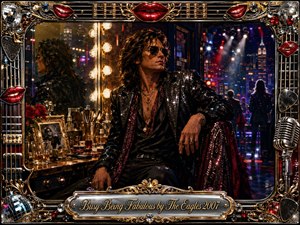 A glamorous rock-star figure lounges beside a glowing backstage vanity, surrounded by mirrors, city lights, and distant stage silhouettes. Rich blacks, crimson reds, chrome, and gold create a luxurious yet slightly lonely mood. An ornate music-themed frame features red lips, guitar hardware, disco details, and an engraved title plate.