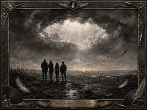 Four silhouetted figures stand on a fractured hillside overlooking a distant glowing city beneath turbulent charcoal clouds. A radiant opening in the storm pours soft light across the scene, suggesting grief, unity, and hope. Feathers and birds drift through the monochrome sky, framed by ornate metallic music-inspired details and an engraved title plate.