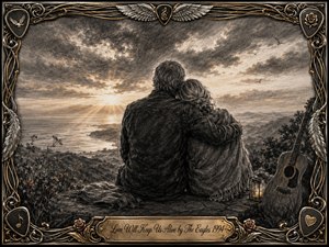 A devoted couple embraces on a rocky coastal overlook as golden sunlight breaks through charcoal-dark clouds above distant hills and shimmering water. Deep feathered charcoal textures create a tender, resilient mood, accented by warm sepia light. An acoustic guitar, glowing lantern, birds, roses, and ornate gold-and-chrome musical frame enrich the romantic composition.