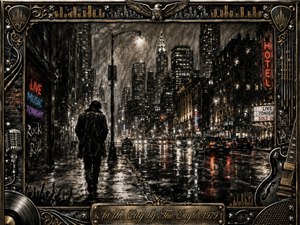 A lone figure walks through a rain-soaked city at night, surrounded by towering buildings, glowing windows, traffic, and shimmering reflections. Deep charcoal textures create a gritty, introspective mood, accented by warm gold, red neon, and silvery light. An ornate music-themed frame surrounds the scene, finished with an engraved title plate.