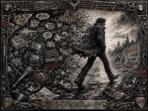 A defiant man strides from a chaotic urban collage of broken televisions, headlines, microphones, cables, and scattered papers toward a brighter city horizon. Deep feathered charcoal, smoky blacks, silvery grays, muted reds, and metallic highlights create a rebellious mood. An ornate rock-inspired frame surrounds the dramatic, textured composition.