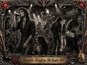 A smoky charcoal roadhouse pulses with restless rock-and-roll energy as a brooding singer performs beneath glaring stage lights and a mirrored disco ball. Dancing crowds and solitary figures suggest heartbreak amid celebration. Deep blacks, silvery grays, warm gold accents, red roses, chrome guitars, microphones, and ornate memorabilia form a dramatic vintage frame.