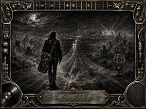 A lone traveler carrying a weathered guitar case walks down a dark highway toward distant city lights and concert spotlights. Deep charcoal textures, smoky clouds, ghostly crowds, and silvery highlights create a reflective, road-worn mood. An ornate chrome-and-gold music-themed frame surrounds the scene, with an engraved title plate below.