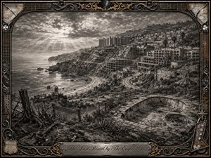 A haunting charcoal coastal landscape shows a once-beautiful paradise overwhelmed by sprawling resorts, roads, fences, and abandoned construction. An empty pool and broken guitar fill the foreground beneath dramatic storm clouds and pale sunlight. Rich blacks, silvery grays, and feathered textures create a mournful atmosphere, framed by ornate rusted metal, gold inlay, vinyl, and guitar-string details.