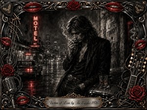 A brooding long-haired rocker stands beneath smoky neon motel lights on a rain-slicked city street, cigarette in hand beside a whiskey glass and vintage car. Deep charcoal blacks, silvery grays, crimson roses, lips, and glowing signs create a seductive, wounded mood, framed by ornate chrome, gold, guitars, cables, and musical details.