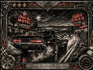 A black muscle car tears down a moonlit desert highway, trailing smoke through glowing red neon motel and diner signs. Deep feathered charcoal textures, chrome highlights, and wet-road reflections create a reckless, cinematic mood. An ornate rock-inspired frame features gold accents, flames, dice, gauges, guitar details, and an engraved title plate.