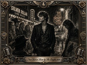 A confident young newcomer stands beneath glowing music-club signs on a smoky nighttime street, admired by nearby onlookers while a shadowed figure recedes at the edge. Deep charcoal textures, silver-gray tones, warm highlights, and dramatic lighting create wistful tension, framed by ornate chrome, gold, roses, microphones, strings, and vintage rock details.