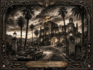 A grand Spanish-style desert hotel glows beneath towering palms and turbulent twilight clouds, drawing the eye along a winding driveway past a vintage car and open iron gates. Deep charcoal and sepia textures create a seductive, ominous mood, while amber lights, shadowy figures, ornate musical metalwork, roses, and an engraved title plate enrich the cinematic composition.